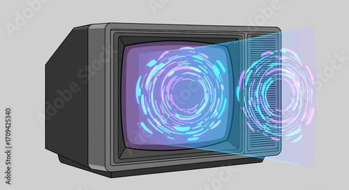 Retro Television Displaying Abstract Circular Patterns, Showcasing Nostalgic Technology, Vintage Style and Digital Art for Creative Projects and Presentations