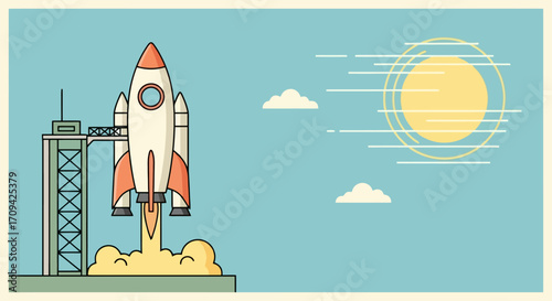 Vector Illustration of a Rocket Launching into Space on a Bright Day for Use in Educational Materials and Business Start-up Presentations