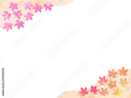 モミジの紅葉イメージの背景素材。水彩風テクスチャー。葉っぱのシルエット。かわいい色調。光の粒子や水滴の輝き。左上と右下に山のシルエットのあしらい。