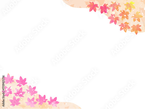 モミジの紅葉イメージの背景素材。水彩風テクスチャー。葉っぱのシルエット。かわいい色調。光の粒子や水滴の輝き。右上と左下に山のシルエットのあしらい。