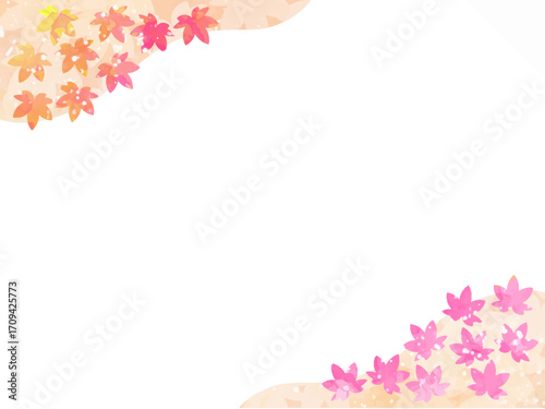 モミジの紅葉イメージの背景素材。水彩風テクスチャー。葉っぱのシルエット。かわいい色調。光の粒子や水滴の輝き。左上と右下に山のシルエットのあしらい。