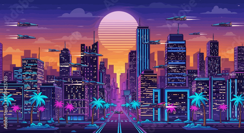 Vibrant Pixel Art Cityscape Depicting a Futuristic Metropolis at Sunset, Ideal for Digital Backgrounds, Gaming Visuals, and Retro-Futuristic Design Projects