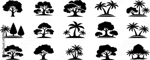 black and white Tree and palms  Icons Vector Black Silhouette