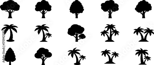 black and white Tree and palms  Icons Vector Black Silhouette