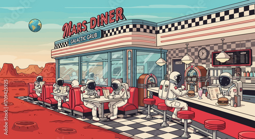 Retro Futuristic Mars Diner Scene with Astronauts Enjoying a Meal. Suitable for illustrating space exploration, science fiction, or unique dining experiences.