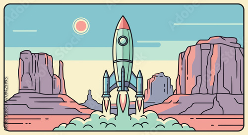 Vector Illustration of a Rocket Launching in a Desert Landscape, Ideal for Space Exploration, Startup, and Innovation-Themed Visual Communication