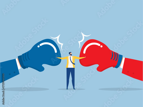 Conflict management,Businessman Mediating a Conflict Between two Businessmen.leadership skill to compromise and solving argument problem, negotiation or stop fighting concept,vector
