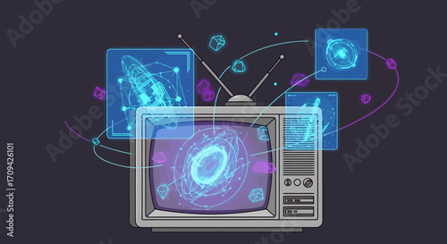 Retro Television Displaying Holographic Universe Data, Ideal for Illustrating Science Fiction Concepts and Futuristic Communication Technology in Education and Entertainment.