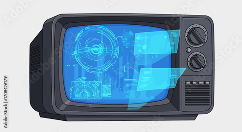 Retro Television Displaying Futuristic Blueprint and Data Overlays. Ideal for showcasing technological advancement, vintage aesthetics, and conceptual design