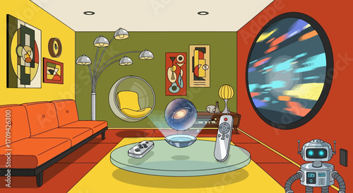 Futuristic living room interior, showcasing holographic technology, sleek design, and advanced home automation, suitable for science fiction, technology, and modern living concepts.
