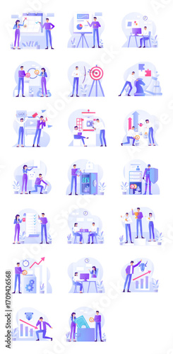 vector alphabet with colorful letters A collection of small illustrations showing people in various work and interaction scenarios, with a light purple background