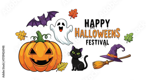 Joyful Halloween elements including a grinning pumpkin, friendly ghost, black cat, and witch's hat with broomstick.