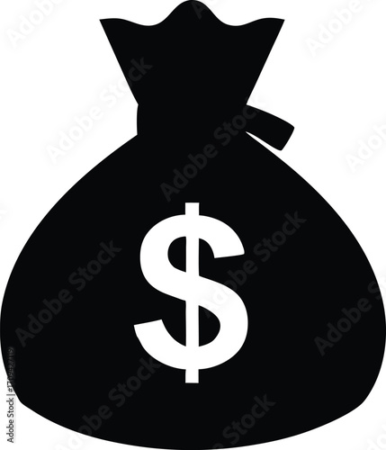 Sack of Money Silhouette - Simple Vector Icon. Money Bag Silhouette Vector - Dollar Sign Sack, Loot, Finance Symbol.