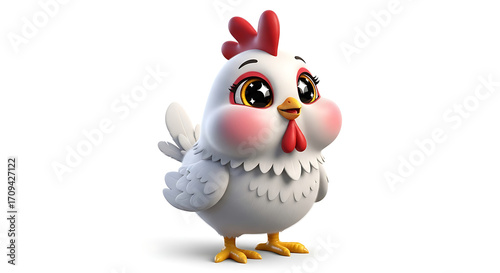 A cute, cartoon-style white chicken with rosy cheeks, a red comb, and yellow feet stands against a white background.