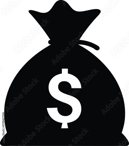Sack of Money Silhouette - Simple Vector Icon. Money Bag Silhouette Vector - Dollar Sign Sack, Loot, Finance Symbol.
