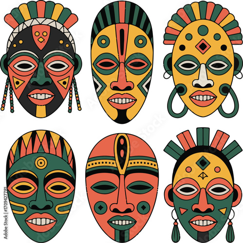 Colorful African Masks Collection Traditional Tribal Art Decorative Design