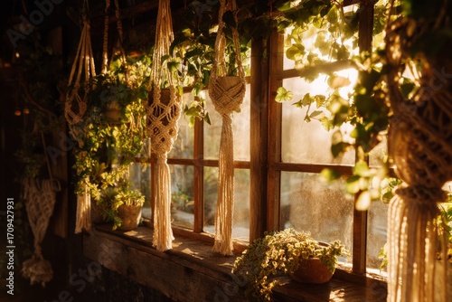 A rustic window with macrame plant hangers trailing vines The sunlight glows warm and golden The mood feels artistic and relaxed