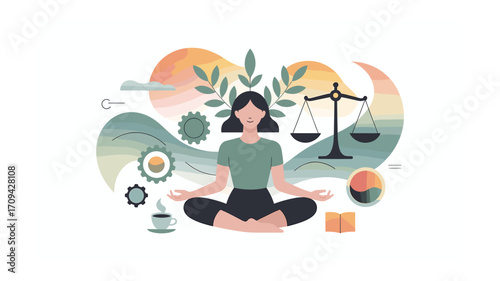Balanced Wellbeing: Woman Meditating with Scales, Plants, Gears, and Book, Representing Inner Peace, Legal Balance, Growth, Efficiency, and Knowledge for Holistic Wellness