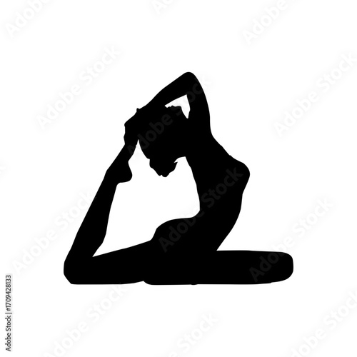A strong, graceful silhouette of a woman in a seated yoga pose, likely revolved head-to-knee, against a plain white background.