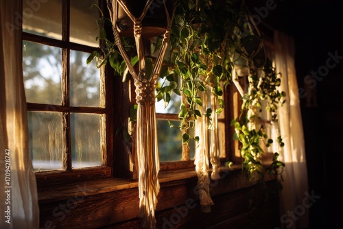 A rustic window with macrame plant hangers trailing vines The sunlight glows warm and golden The mood feels artistic and relaxed