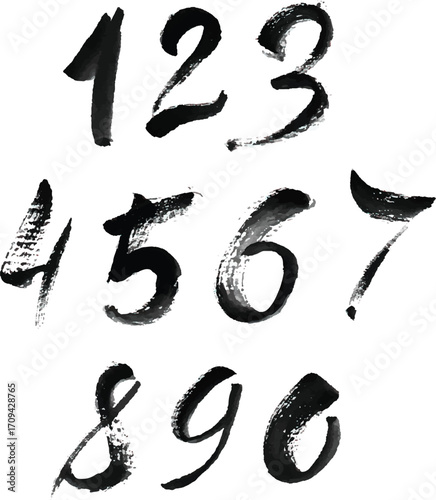 Cartoon digital vector graphics Numbers from 1 to 0 (including 123, 4567, 890) in a bold, black brushstroke font, set against a white background