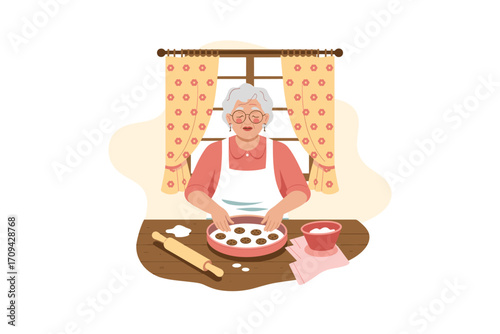Grandma Baking Cookies at Home: A Heartwarming Scene of Generational Love and Comfort Food in a Cozy Kitchen Setting