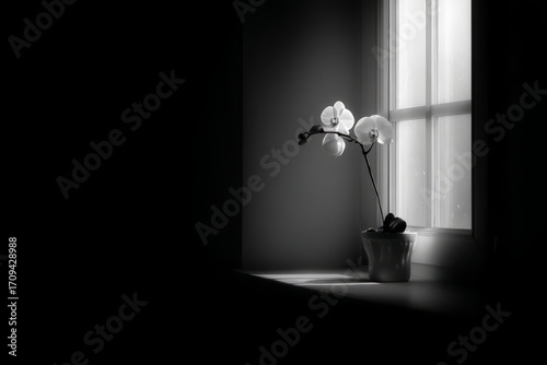 A simple window with a single orchid in bloom The petals glow softly in the light The mood feels delicate and uplifting