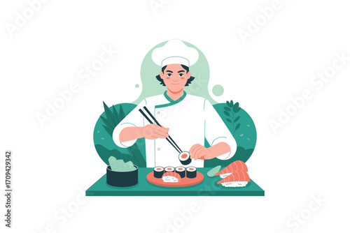 Dedicated Sushi Chef Expertly Crafting Exquisite Rolls with Precision and Artistic Flair, Showcasing the Art of Japanese Cuisine with Fresh Ingredients.