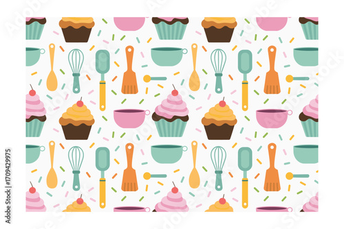 Charming Baking Pattern: Whisk, Spatula, Cupcake, and Cup Repeat Design with Colorful Sprinkles, Perfect for Culinary Themes and Backgrounds on a White Surface