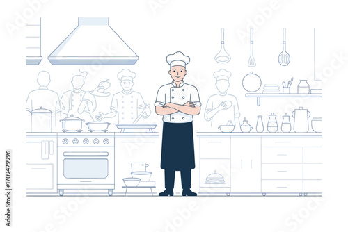 Chef in Commercial Kitchen Illustration with Team and Equipment, Depicting Culinary Professionalism and Food Preparation in a Restaurant Setting