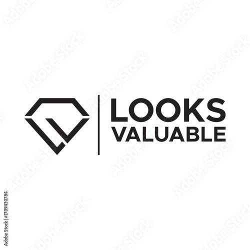 This is a logo featuring a diamond shape and the words 'Looks Valuable'. The design is modern and minimalist, suitable for a luxury brand or business. Isolated on white.
