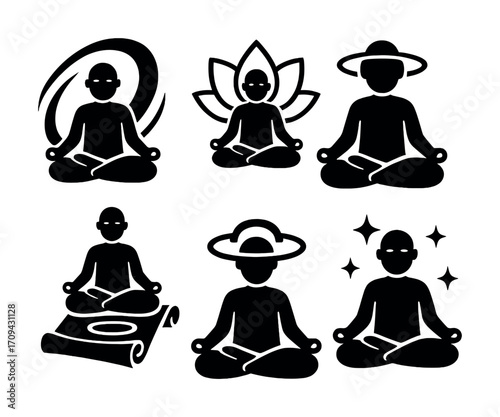 Set of meditative yoga icons: silhouettes in various poses with spiritual symbols