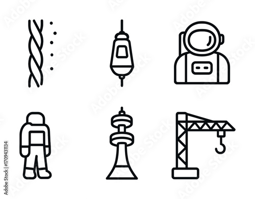 Space and construction icons: astronaut, tower, crane, cable, drill