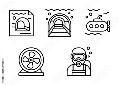 Outline icons of tunnel, submarine, fan, and diver with breathing apparatus