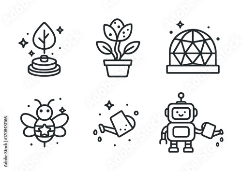 Minimalist garden and technology icons: plant, dome, bee, watering can, robot