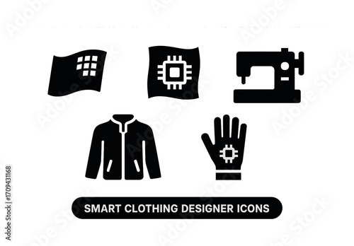 Smart clothing designer icons: technology, fashion, sewing, apparel, chip integration