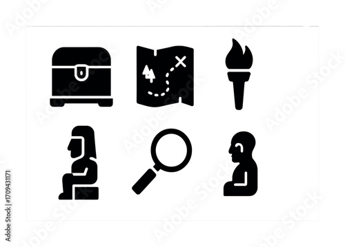 Icons of treasure chest, map, torch, sphinx, magnifying glass, and bust in black and white