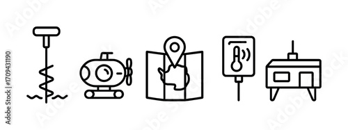Exploration technology icons: auger, submarine, gps map, temperature sensor, building