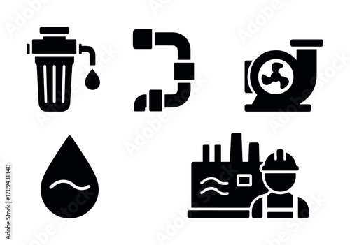 Water treatment icons: filter, pipes, pump, droplet, factory, worker