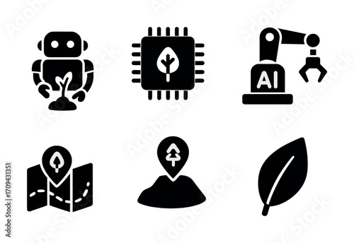 Sustainable technology icons: robot, chip, robotic arm, map, location, leaf