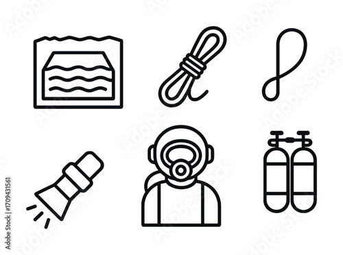 Scuba diving equipment icons: mask, fins, rope, tank, flashlight