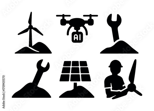 Renewable energy icons with wind turbine solar panel drone and tools