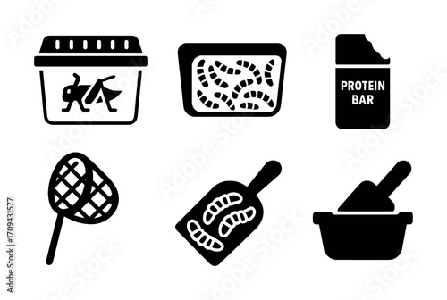 Black and white icons of insect food containers, net, and scoop