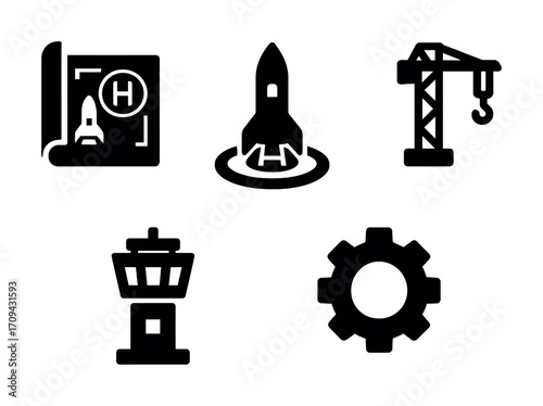 Rocket launch icons: blueprint, rocket, crane, control tower, gear symbols