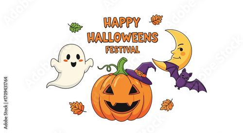 Joyful Halloween festival with friendly ghost, pumpkin, moon, and bat