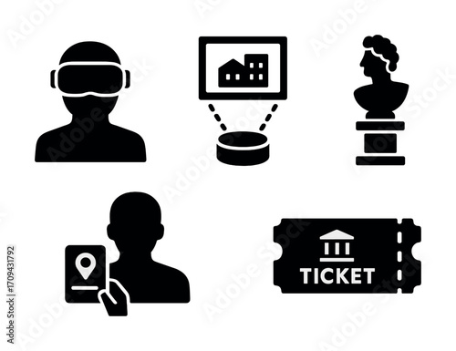 Virtual reality, museum guide, exhibit, ticket, art bust icons in black