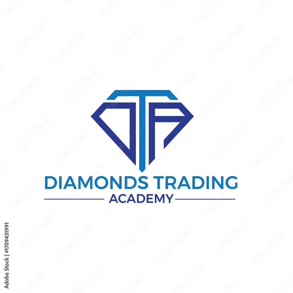 Naklejka premium diamond, trading, academy, logo, blue, shape, dta, letter, business, company, education, finance, investment, market, success, growth, learning, knowledge, skill, strategy, wealth, opportunity, future