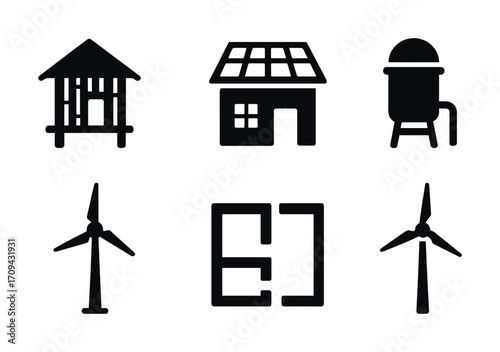 Sustainable energy icons: wind turbine, solar house, water tank, rural building