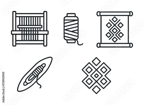 Linear icons of loom, yarn, fabric, shuttle, and textile pattern design