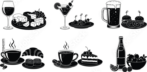 Food and drink silhouettes, wine and cheese, cocktail appetizers, beer burgers, coffee croissant, dessert cake, fruit platter, gastronomy concept, lifestyle, menu